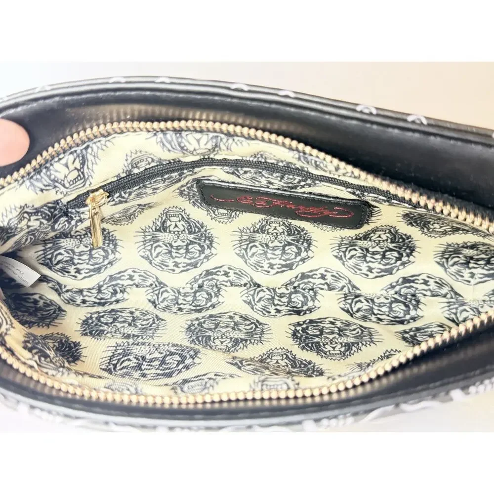 Ed Hardy Black Striking Tiger Tattoo Art With Rhinestones Shoulder Bag w/Charms